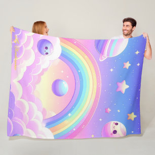 Couverture Polaire Cute Space Rainbow Design - Kawaii Planets & Stars