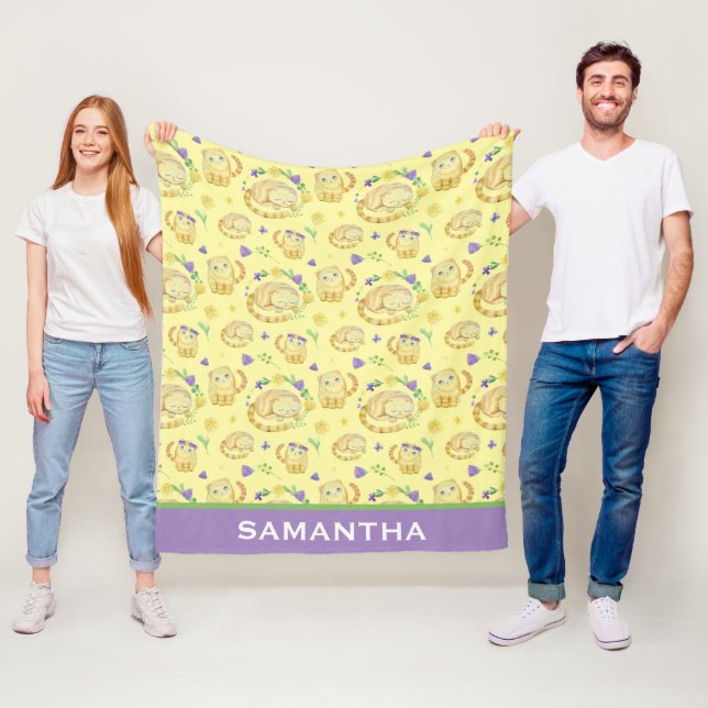 Couverture Polaire Cute Watercolor Chats Personnalisé Jaune (En situation)
