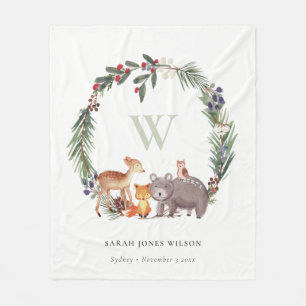Couverture Polaire Cute Woodland Animal Feuilleté Wreath Monogramme E