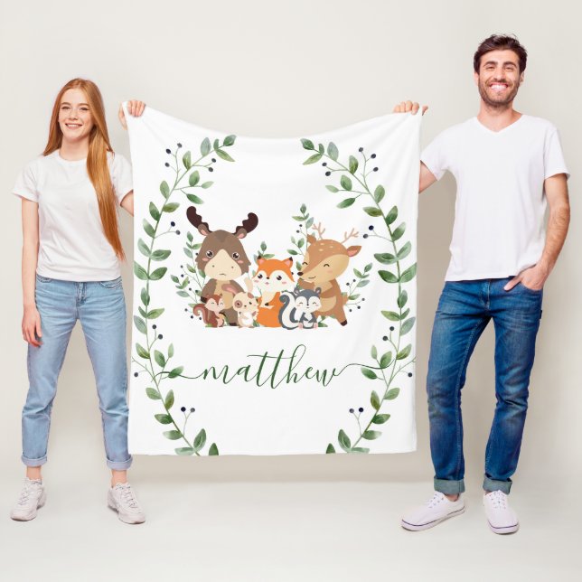 Couverture Polaire Cute Woodland Green Forest Animaux Garçon Nursery (En situation)