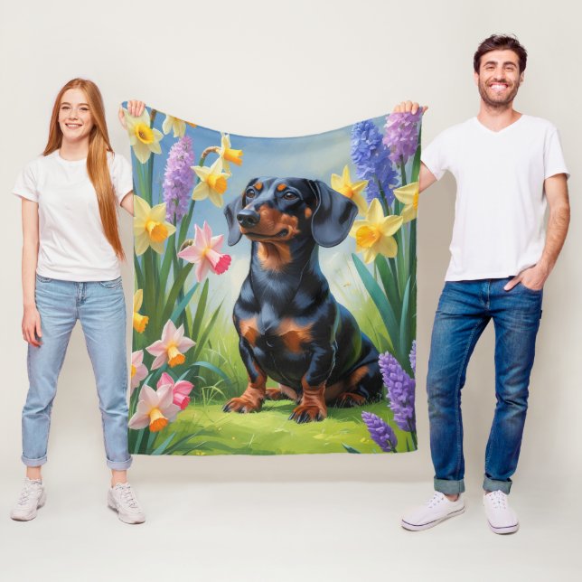 Couverture Polaire Dachshund Chien Fleurs de printemps Peinture (En situation)