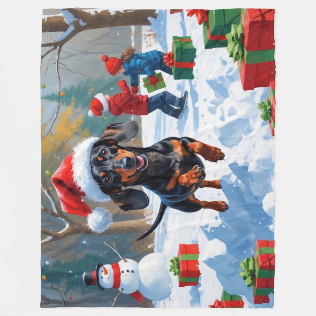 Couverture Polaire Dachshund Courir en neige avec Casquette de Noël (Devant)