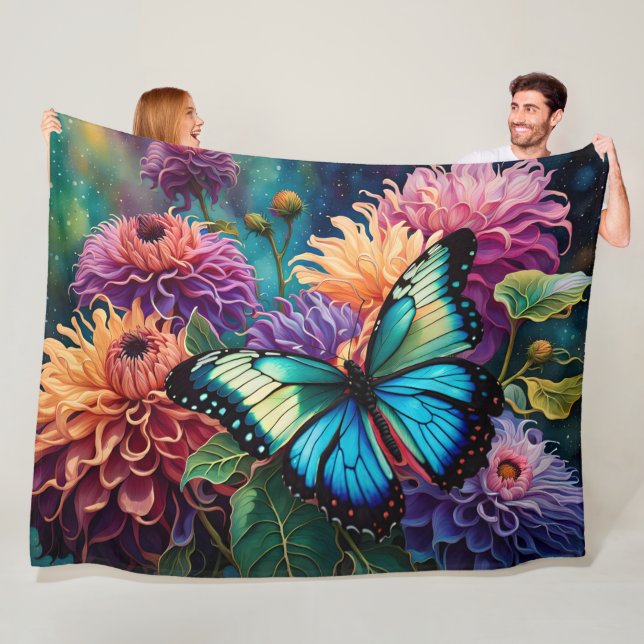 Couverture Polaire Dahlias Et Papillon Vert Bleu Iridescente (En situation)