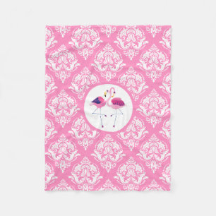 Couverture Polaire Damas Rose & Blanc Avec Flamants roses Rose Et Ble