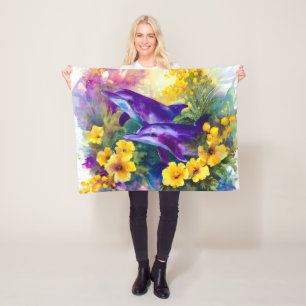 Couverture Polaire Dauphins Océan Aquarelle Fleurs Tropicales
