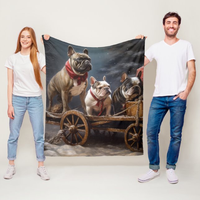 Couverture Polaire Décor de Noël de Bulldog Snowy Sleigh (En situation)