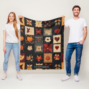 Couverture Polaire Denim Folk Art Quilt Motif Patch d'automne rusti