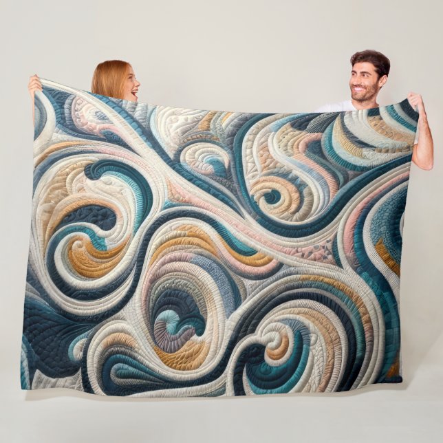 Couverture Polaire Design abstrait en or bleu courbé (En situation)