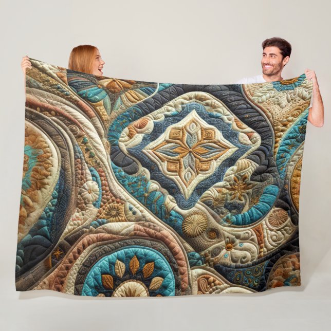 Couverture Polaire Design abstrait en or bleu Turquoise courbé (En situation)
