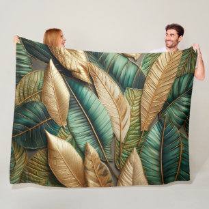 Couverture Polaire Design Feuille Tropical Vert Or Quilé
