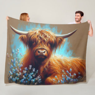 Couverture Polaire Dessin pastel Highland Cow Blue Flowers