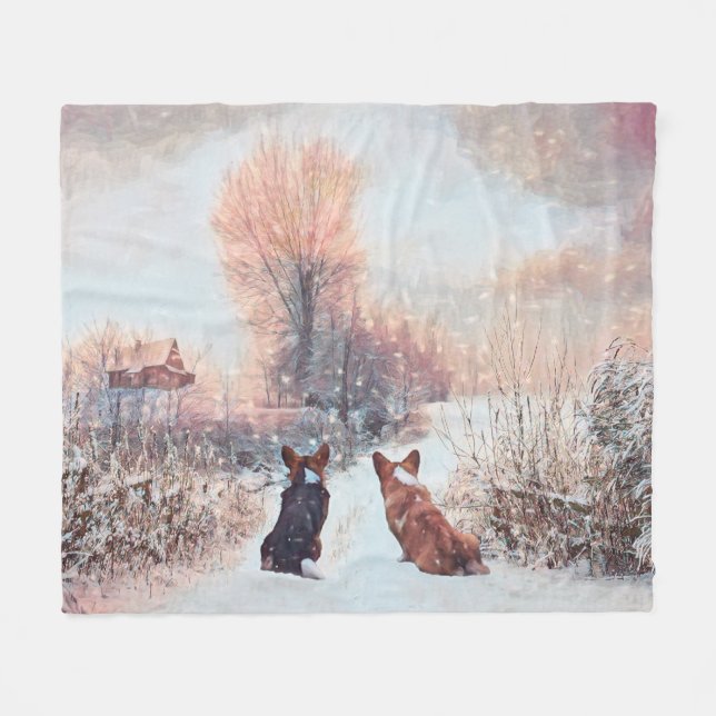 Couverture Polaire Deux Corgis dans la neige (Devant (Horizontal))