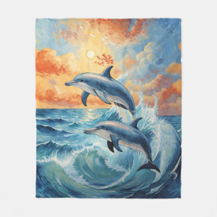 Couverture Polaire Deux dauphins de saut artistique Coucher de soleil