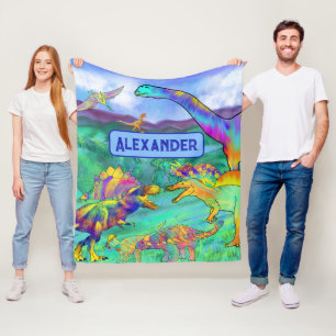 Couverture Polaire Dinosaures colorés Personnalisé bleu