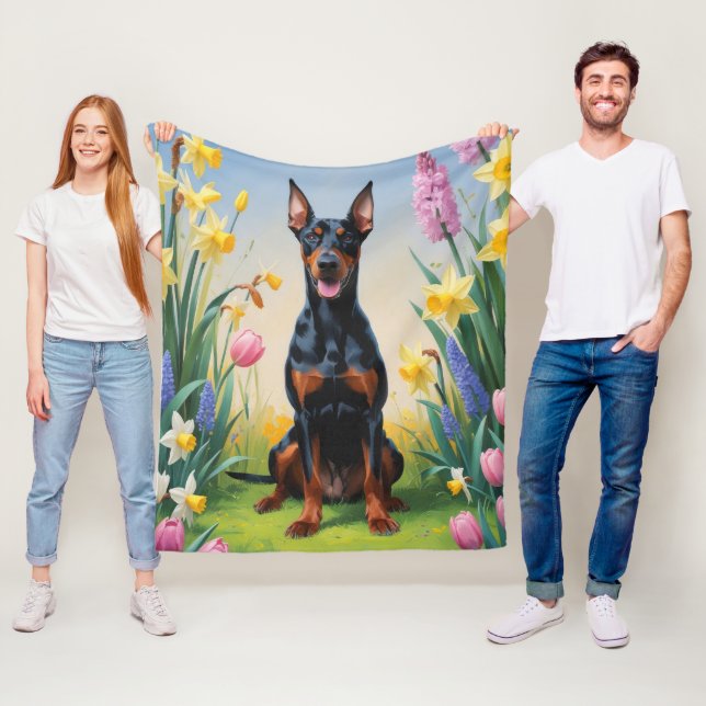 Couverture Polaire Doberman Fleurs de printemps chien Peinture (En situation)