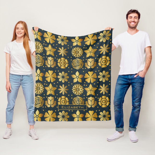 Couverture Polaire Doodle motif floral doré nom personnalisé (En situation)