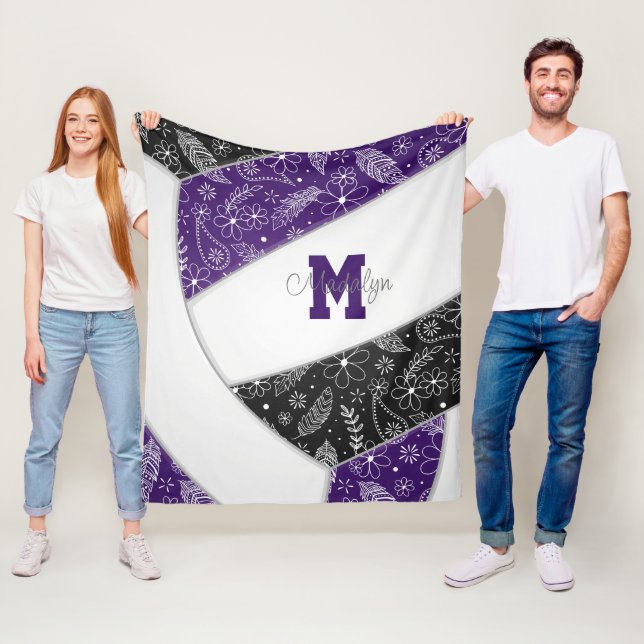 Couverture Polaire Doodle motif floral violet noir volleyball (En situation)