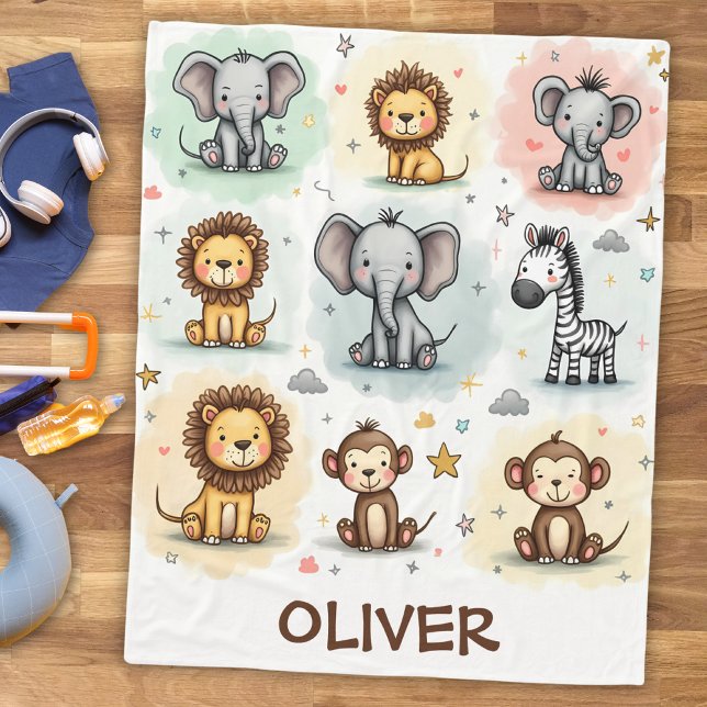 Couverture Polaire Doodles d'animaux de safari à l'aquarelle fantaisi (Créateur téléchargé)