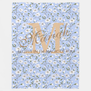Couverture Polaire Douce Bébé Bleu Blanc Motif Floral Nom Monogramme