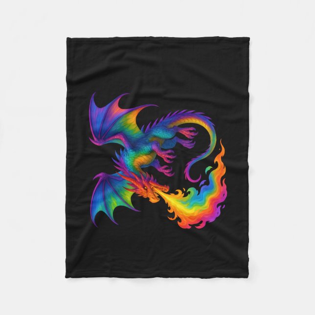 Couverture Polaire Dragon arc-en-ciel respirant des flammes colorées  (Devant)