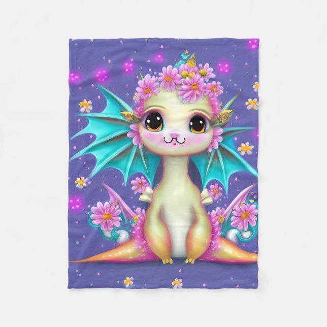 Couverture Polaire Dragon Bébé mignon aux fleurs roses (Devant)