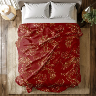 Couverture Polaire Dragon Chinois Or et Rouge Foncé