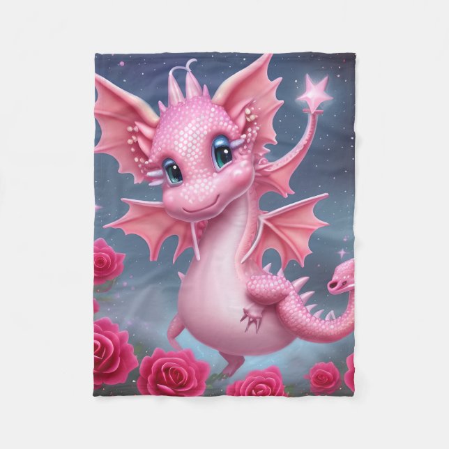 Couverture Polaire Dragon rose mignon aux fleurs roses (Devant)