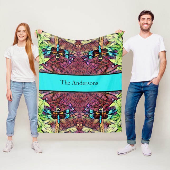 Couverture Polaire Dragonfly Blue Turquoise Aqua Black Nom de famille (En situation)