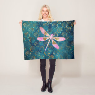 Couverture Polaire Dragonfly rose Gold sur Turquoise Floral Arrière -