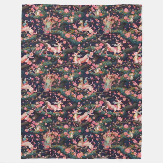 Couverture Polaire Dragons roses et fleurs de cerisiers (Devant)