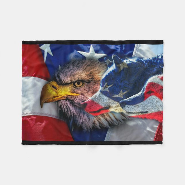 Couverture Polaire Drapeau américain du loup d'aigle patriotique (Devant (Horizontal))