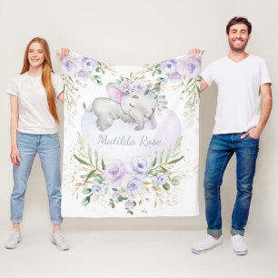 Couverture Polaire Dreamy Sweet Baby Elephant Girl Lavender Floral