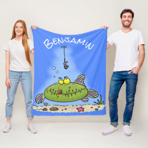 Couverture Polaire Drôle gras affamé poisson vert dessin de pêche