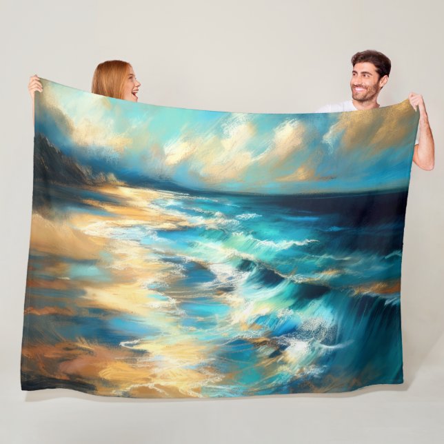 Couverture Polaire Dur Pastel Dessin Vagues sur une plage (En situation)