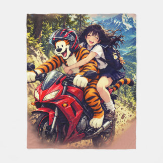 Couverture Polaire Écolière Anime et Promenade en Moto avec Tigre –