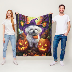 Couverture Polaire Éffrayant Bichon Frise Halloween sorcière et Citro