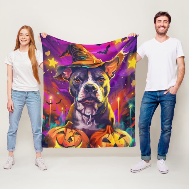 Couverture Polaire Éffrayant Pitbull Chien Halloween sorcière et Citr (En situation)