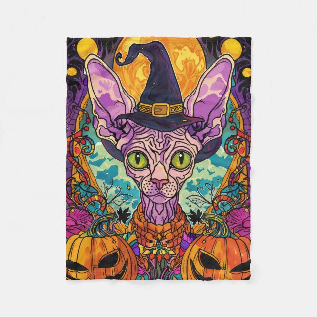 Couverture Polaire Éffrayant Sphynx Chat Halloween sorcière et Citrou (Devant)