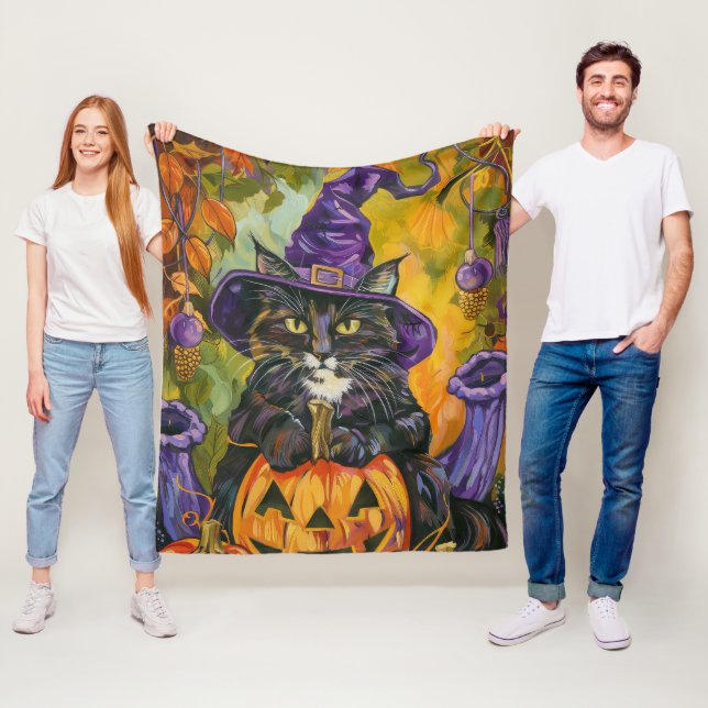 Couverture Polaire Éffrayant Tuxedo Chat Halloween Sorcière Et Citrou (En situation)
