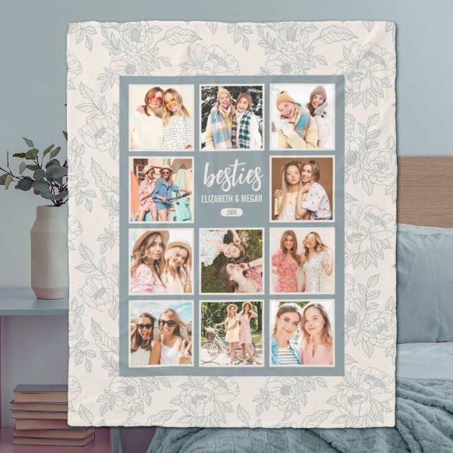 Couverture Polaire Élégant Besties BFF Photo Collage avec noms (A pretty blue photo collage best friend bff blanket. Personalize with your photos for a unique gift)