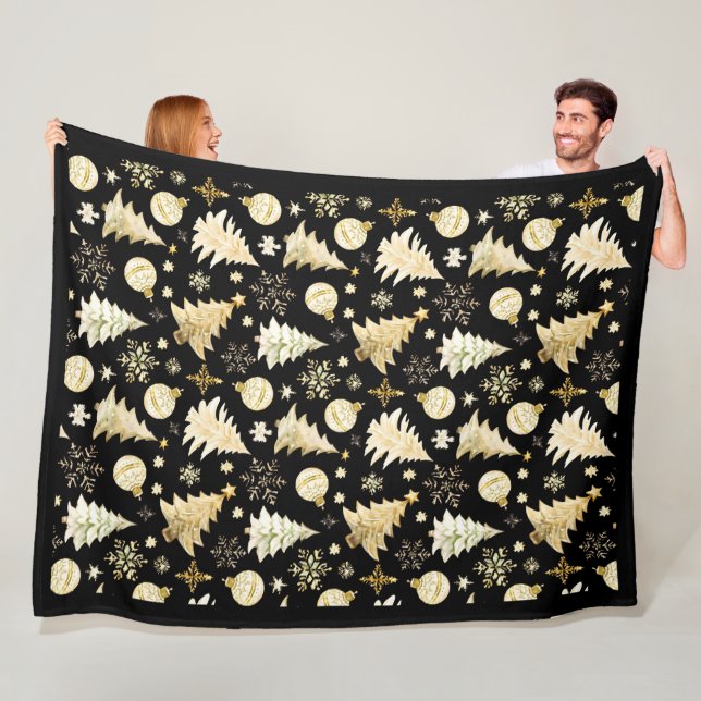 Couverture Polaire Élégant Black Gold Snowflakes Christmas Tree Balls (En situation)