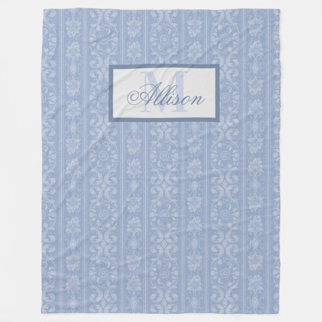 Couverture Polaire Élégant bleu et blanc Floral Damask Monogramme (Devant)