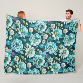 Couverture Polaire Élégant bleu et blanc motif floral Fleece Blanc