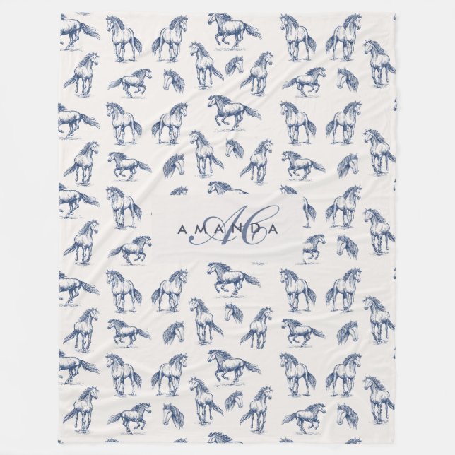 Couverture Polaire Élégant Cheval Bleu Monogramme Cadeaux Initiaux (Devant)