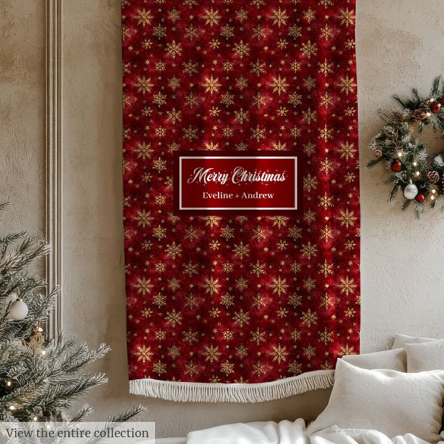Couverture Polaire Élégant flocon d'or profonde couleur rouge (Elegant gold snowflakes deep red watercolor Fleece Blanket)