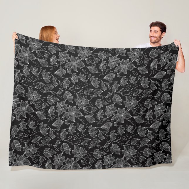 Couverture Polaire Elégant floral noir et blanc Personnalisé (En situation)