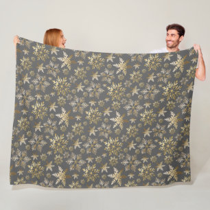 Couverture Polaire Élégant Golden Snowflakes Grey Christmas