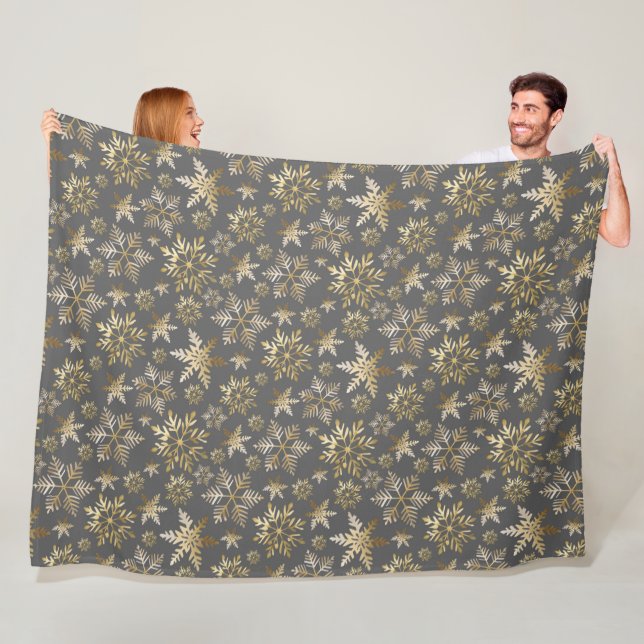 Couverture Polaire Élégant Golden Snowflakes Grey Christmas (En situation)