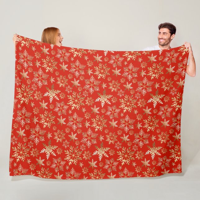 Couverture Polaire Élégant Golden Snowflakes Lava Red Christmas (En situation)