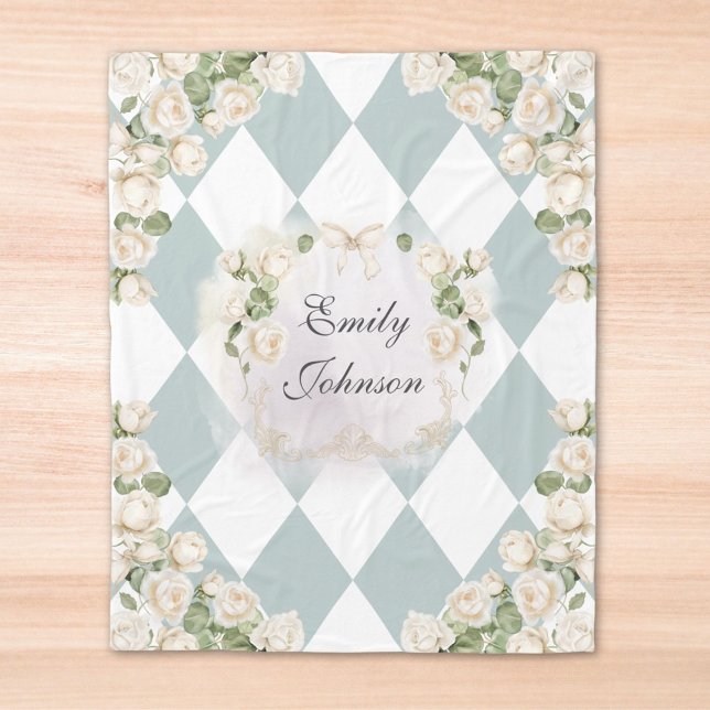 Couverture Polaire Elegant Monogram White Roses Green Leaves Diamond (In situ)